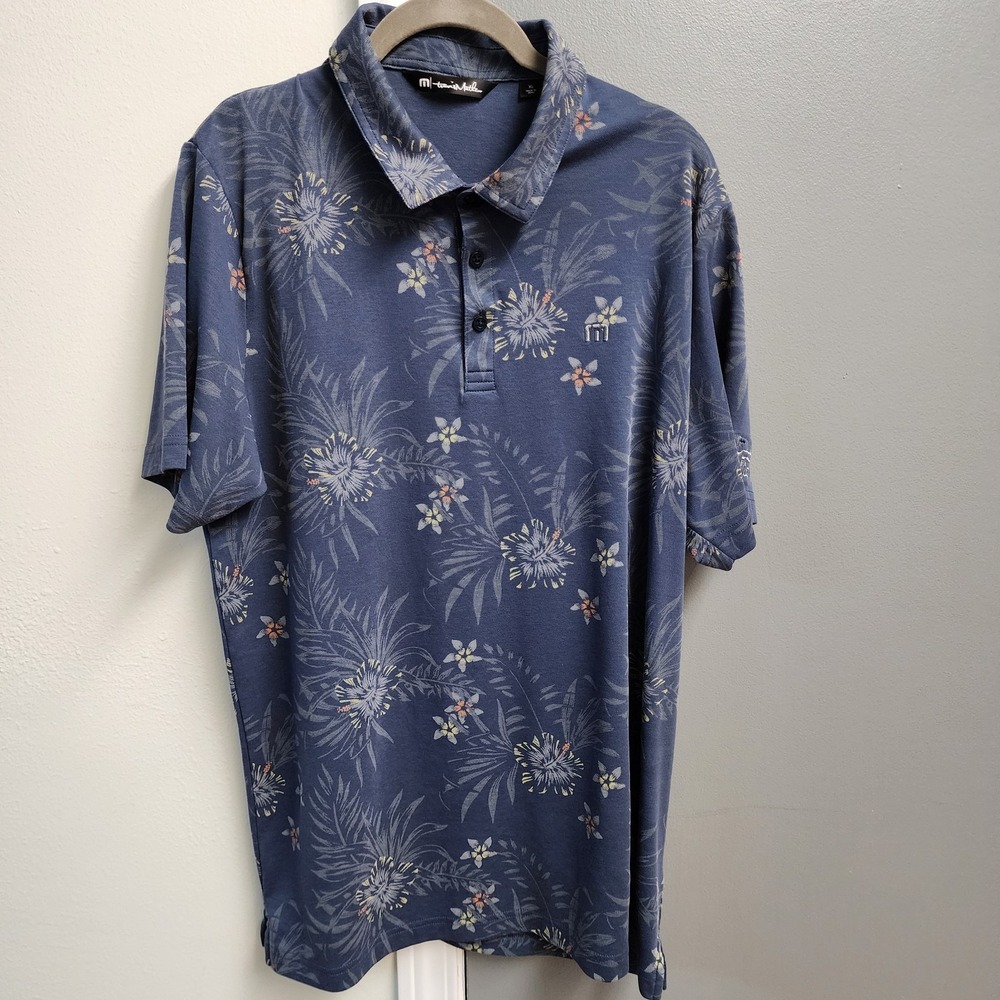 Travis Mathew Calmer Waters Polo Shirt Men's XL Blue Floral Idaho Country Club